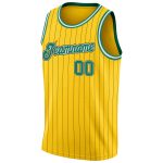 Personalized Green White Black Pinstripe Basketball Jersey - Gold Trim Personalized Gold Black Pinstripe Kelly Green-White