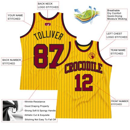 Personalized Maroon Basketball Jersey with Gold Black Pinstripes Personalized Gold Black Pinstripe Maroon Basketball Jersey