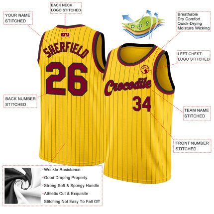 Custom Maroon Black Basketball Jersey with Personalized Name Number - Authentic Gold Black Pinstripe Team Jersey Personalized