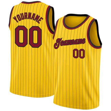 Custom Maroon-Black Basketball Jersey with Gold Black Pinstripe Design Personalized Gold Black Pinstripe Maroon-Black Basketball
