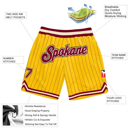 Personalized Maroon-Cream Black Pinstripe Basketball Shorts in Gold, Custom Sports Apparel Personalized Gold Black Pinstripe