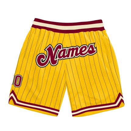 Personalized Maroon-Cream Black Pinstripe Basketball Shorts in Gold, Custom Sports Apparel Personalized Gold Black Pinstripe