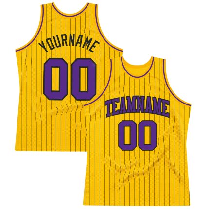 Custom Name Number Personalized Authentic Basketball Jersey Black Gold Pinstripe Purple Personalized Gold Black Pinstripe