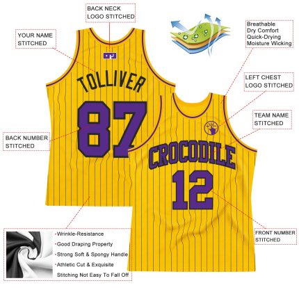 Personalized Purple Basketball Jersey with Gold Black Pinstripe Design Personalized Gold Black Pinstripe Purple Basketball