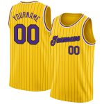 Custom Name Number Basketball Jersey - Personalized Authentic Purple White Gold Black Pinstripe Design Personalized Gold