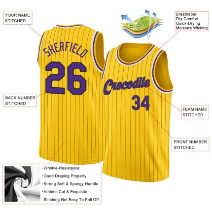 Custom Name Number Basketball Jersey - Personalized Authentic Purple White Gold Black Pinstripe Design Personalized Gold