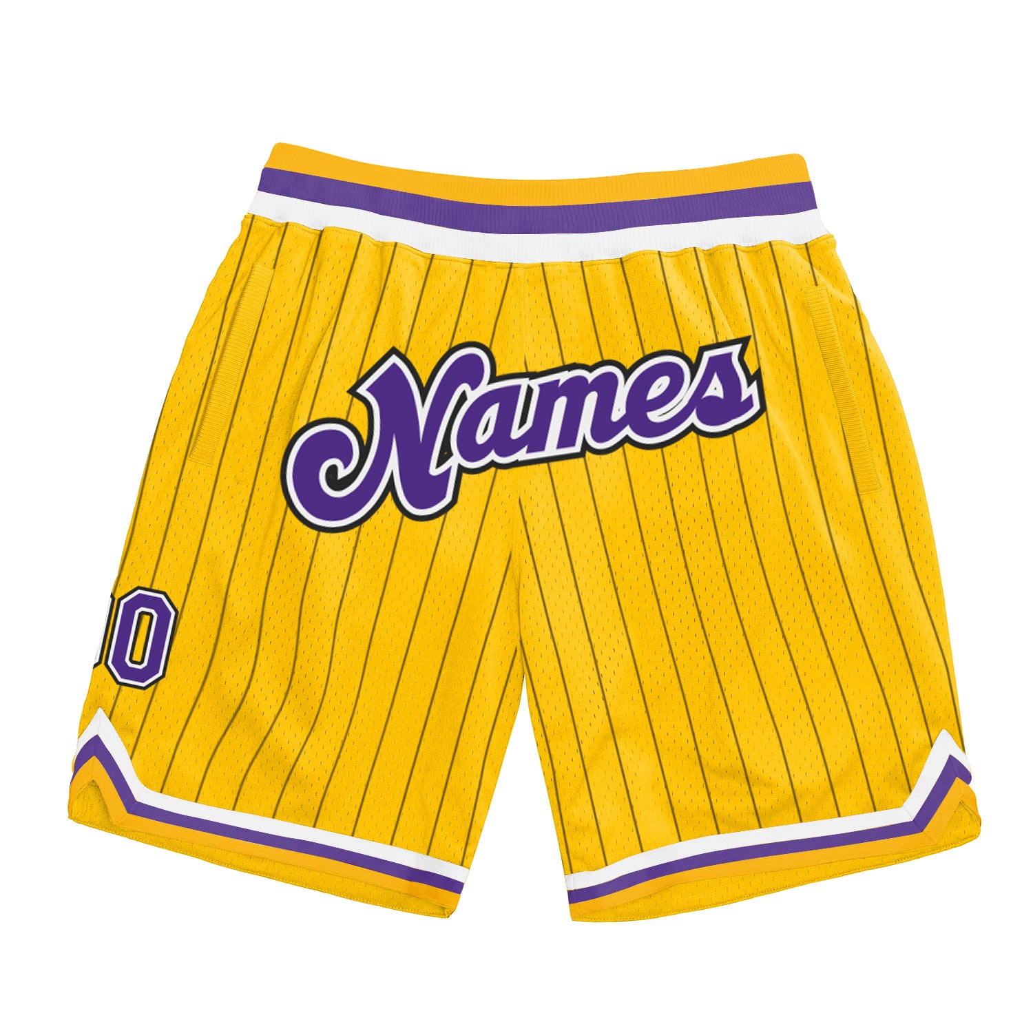 Custom Team Name Number Personalized Basketball Shorts - Authentic Gold Black Pinstripe Purple-White Personalized Gold Black