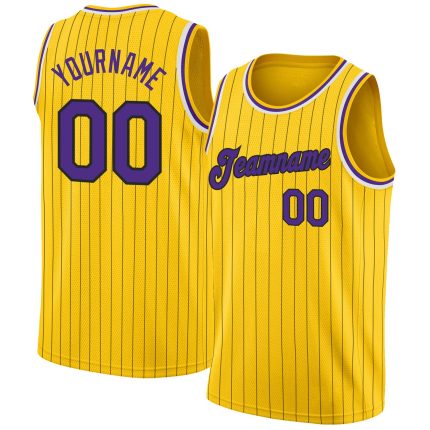 Customizable Gold Black Pinstripe Basketball Jersey - Purple White Color Design Personalized Gold Black Pinstripe Purple-White