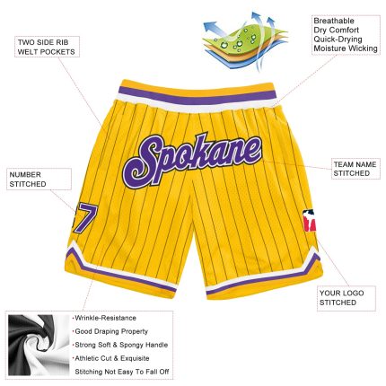 Personalized Gold Black Pinstripe Basketball Shorts - Purple White Design Personalized Gold Black Pinstripe Purple-White