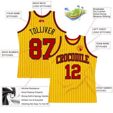 Personalized Red Basketball Jersey with Gold and Black Pinstripe Design Personalized Gold Black Pinstripe Red Basketball