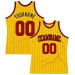 Personalized Red Basketball Jersey with Gold and Black Pinstripe Design Personalized Gold Black Pinstripe Red Basketball