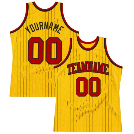 Personalized Red Basketball Jersey with Gold and Black Pinstripe Design Personalized Gold Black Pinstripe Red Basketball