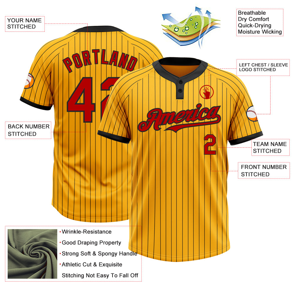 Personalized Unisex Softball Jersey - Gold Black Pinstripe Red Two-Button Design Personalized Gold Black Pinstripe Red Two-Button - Image 3