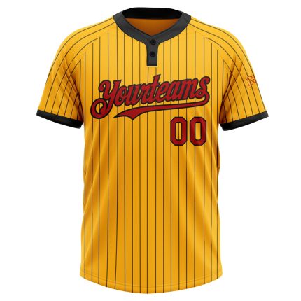 Personalized Unisex Softball Jersey - Gold Black Pinstripe Red Two-Button Design Personalized Gold Black Pinstripe Red Two-Button
