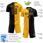 Personalized Gold Black Soccer Jersey Split Fashion Sublimation Uniform Personalized Gold Black Pinstripe Split Fashion Sublimation