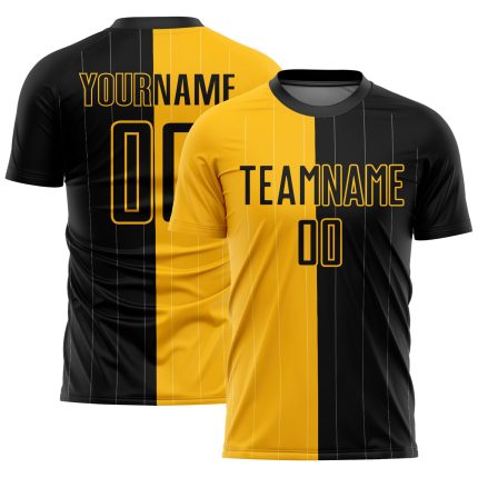Personalized Gold Black Soccer Jersey Split Fashion Sublimation Uniform Personalized Gold Black Pinstripe Split Fashion Sublimation