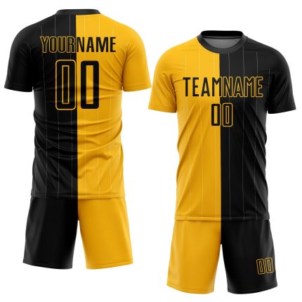 Personalized Gold Black Soccer Jersey Split Fashion Sublimation Uniform Personalized Gold Black Pinstripe Split Fashion Sublimation