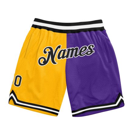 Custom Gold Black Purple Basketball Shorts with Name and Number - Authentic Throwback Split Design Personalized Gold Black-Purple