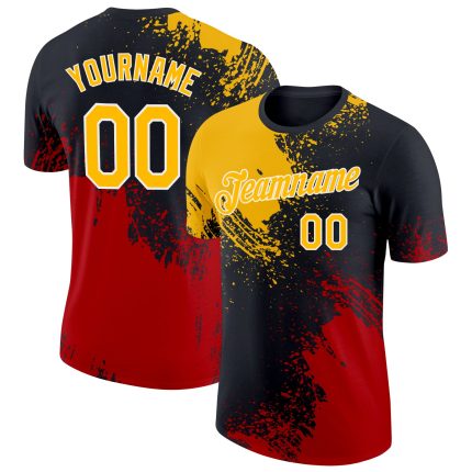 Personalized 3D Abstract Brush Stroke T-Shirt in Gold Black-Red - Performance Wear Personalized Gold Black-Red 3D Abstract