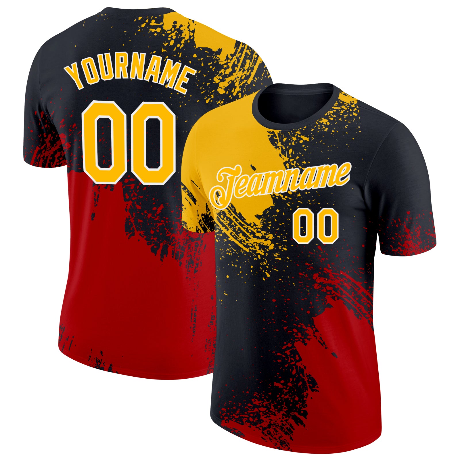 Custom Performance T-Shirt with Personalized Name and Number - Gold Black-Red 3D Abstract Brush Stroke Design Personalized
