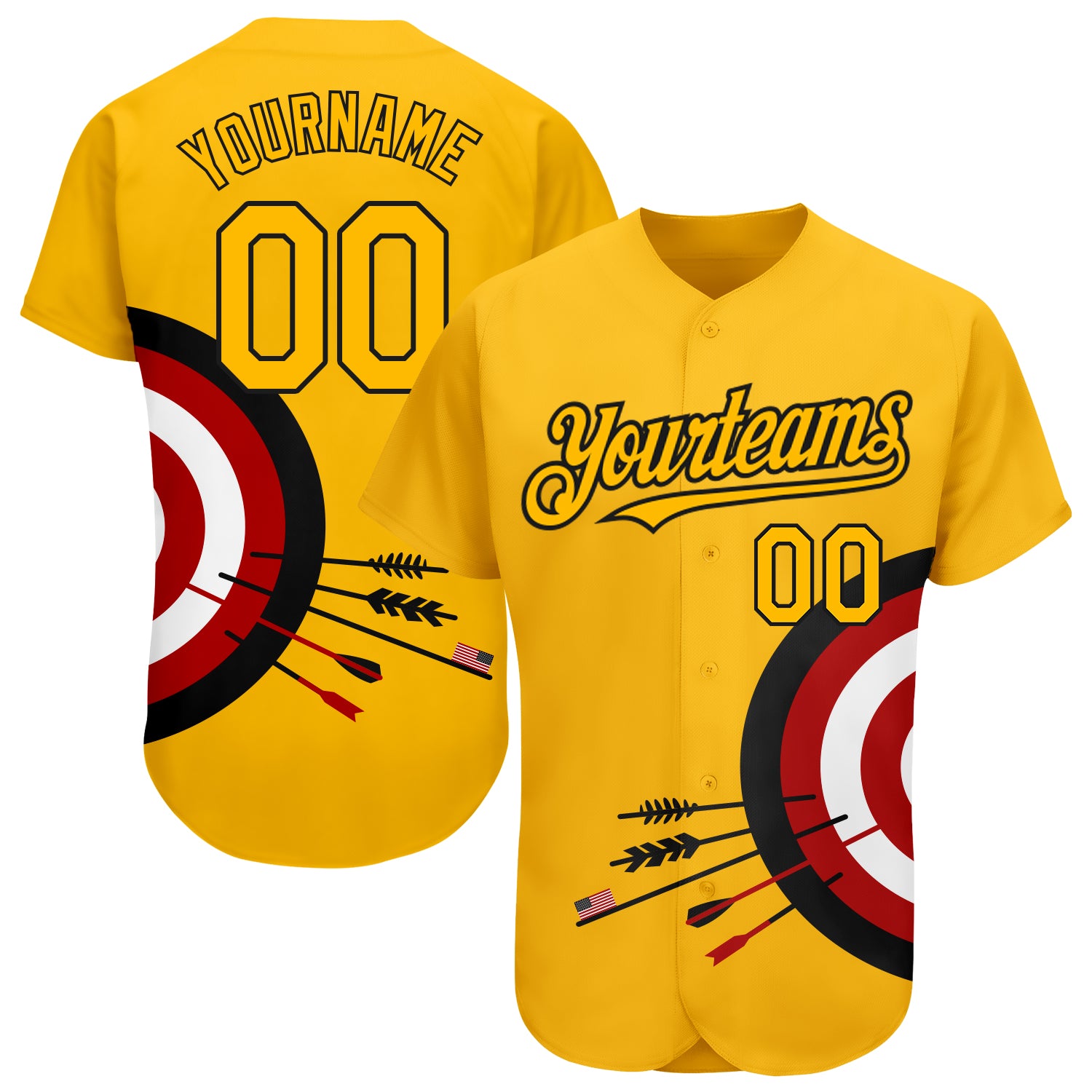 Custom Name and Number Personalized Gold Black-Red Dart Board Target 3D Pattern Design Authentic Baseball Jersey Personalized