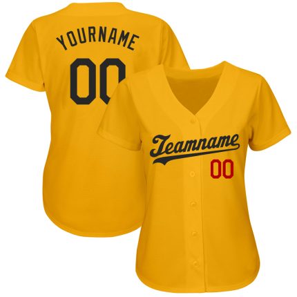 Custom Name and Number Personalized Black Red Gold Baseball Jersey - Authentic Team Apparel Personalized Gold Black-Red Authentic