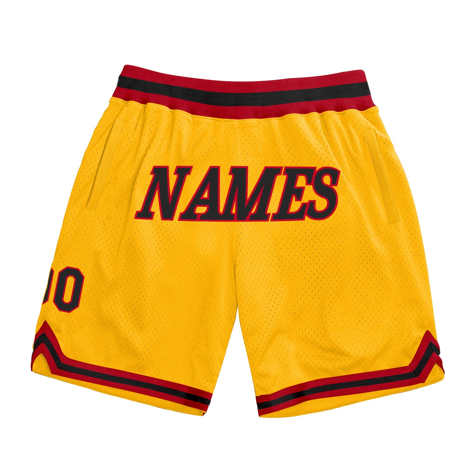 Custom Team Basketball Shorts with Personalized Name and Number - Authentic Gold Black-Red Design Personalized Gold Black-Red