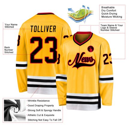 Personalized Gold and Black-Red Hockey Jersey - Custom Sports Apparel Personalized Gold Black-Red Hockey Jersey