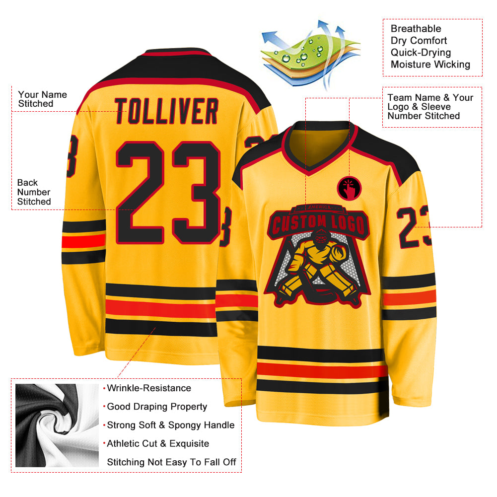 Personalized Gold Black Red Hockey Jersey - Custom Team Sportswear Personalized Gold Black-Red Hockey Jersey 2 - Image 3
