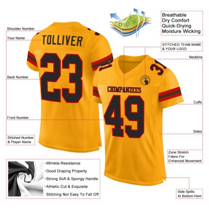 Custom Gold Black Red Football Jersey for Men and Women, Mesh Design Personalized Gold Black-Red Mesh Football Jersey
