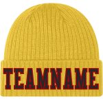 Personalized Black-Red Stitched Cuffed Knit Hat - Custom Gold Design Winter Beanie Personalized Gold Black-Red Stitched Cuffed