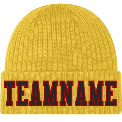 Personalized Black-Red Stitched Cuffed Knit Hat - Custom Gold Design Winter Beanie Personalized Gold Black-Red Stitched Cuffed