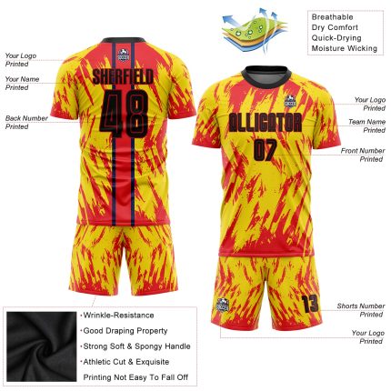 Personalized Soccer Jersey - Gold Black-Red Sublimation Uniform for Team Sports Personalized Gold Black-Red Sublimation Soccer