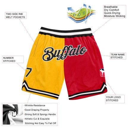 Personalized Gold Black Red Basketball Shorts for Men - Throwback Split Fashion Design Personalized Gold Black-Red Throwback