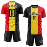 Personalized Belgian Flag Soccer Jersey - Gold Black Red-White Sublimation Uniform Personalized Gold Black Red-White Sublimation