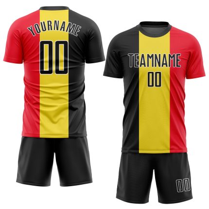 Personalized Belgian Flag Soccer Jersey - Gold Black Red-White Sublimation Uniform Personalized Gold Black Red-White Sublimation