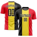 Personalized Belgian Flag Soccer Jersey - Gold Black Red-White Sublimation Uniform Personalized Gold Black Red-White Sublimation