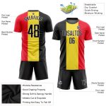 Personalized Belgian Flag Soccer Jersey - Gold Black Red-White Sublimation Uniform Personalized Gold Black Red-White Sublimation
