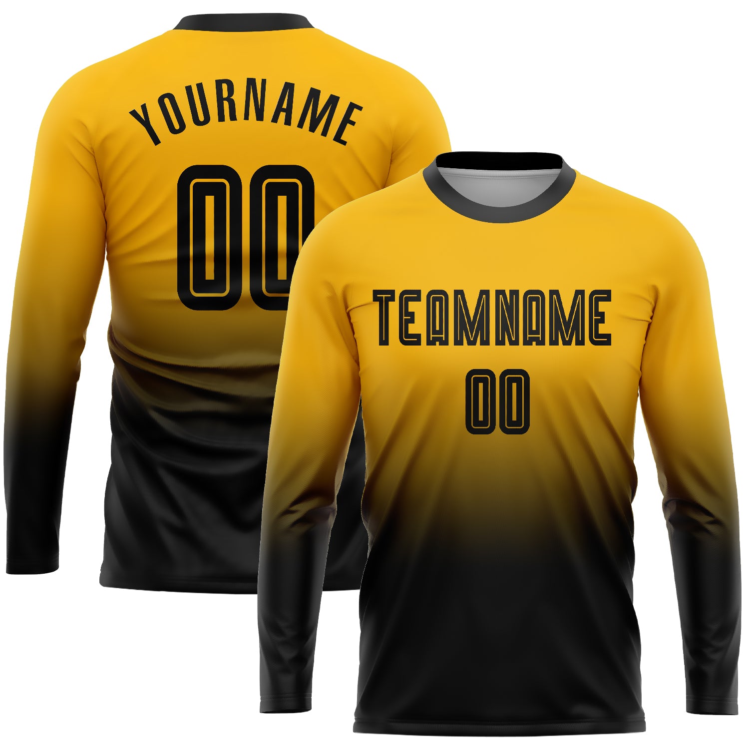Personalized Gold Black Fashion Soccer Jersey Long Sleeve Fade Sublimation Uniform Personalized Gold Black Sublimation Long