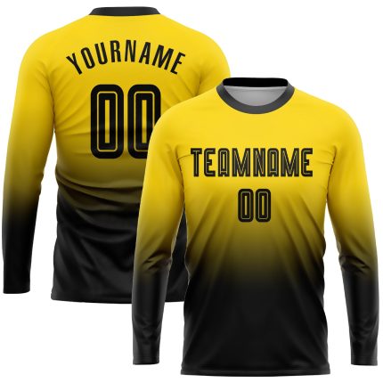 Personalized Gold Black Soccer Jersey Long Sleeve Fade Fashion Uniform Personalized Gold Black Sublimation Long Sleeve Fade