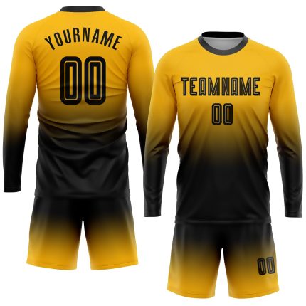 Personalized Gold Black Fashion Soccer Jersey Long Sleeve Fade Sublimation Uniform Personalized Gold Black Sublimation Long