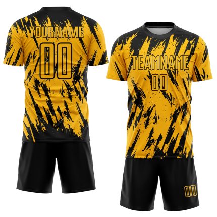 Personalized Gold Black Soccer Jersey Sublimation Uniform for Team 107 Personalized Gold Black Sublimation Soccer Uniform