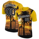 Custom Gold Black-White 3D Hawaii Palm Trees T-Shirt, Performance Wear Personalized Gold Black-White 3D Hawaii Palm Trees