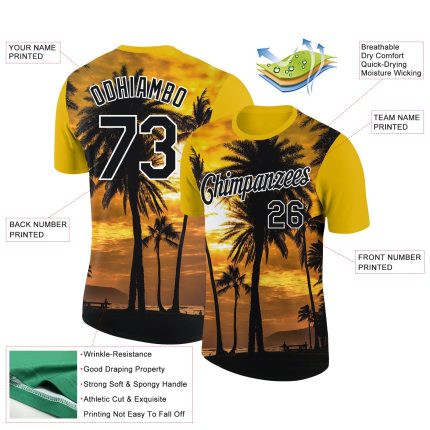 Custom Gold Black-White 3D Hawaii Palm Trees T-Shirt, Performance Wear Personalized Gold Black-White 3D Hawaii Palm Trees