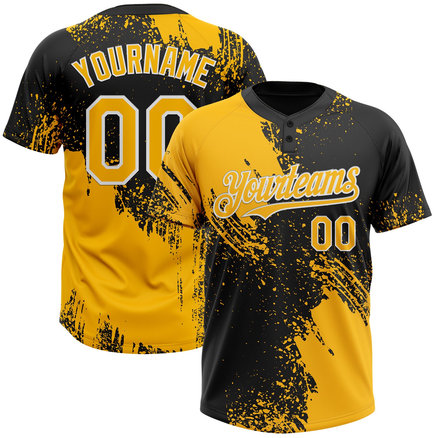 Customizable Gold Black and White 3D Pattern Softball Jersey with Team Name and Number - Unisex Two-Button Design Personalized