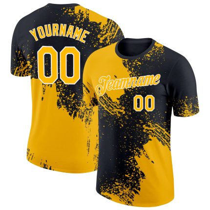 Custom Name Number Performance T-Shirt - Personalized Gold Black White 3D Abstract Brush Stroke Design Personalized Gold