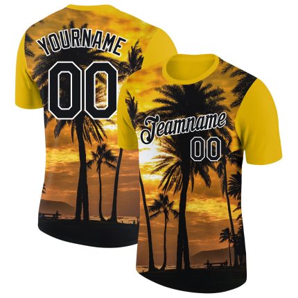 Custom Name Number Personalized Hawaii Palm Trees Performance T-Shirt Gold Black-White 3D Pattern Design Personalized Gold