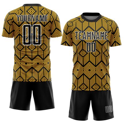 Custom Name Number Soccer Jersey - Personalized Gold Black White Abstract Geometric Design Team Uniform Personalized Gold