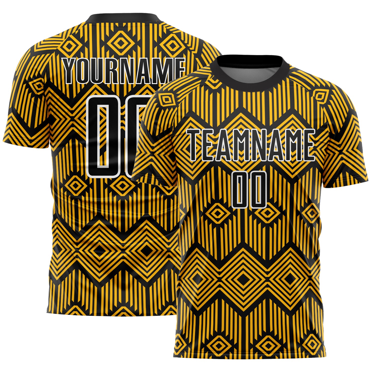 Custom Name Number Soccer Jersey - Personalized Gold Black White Abstract Geometric Design Team Uniform Personalized Gold