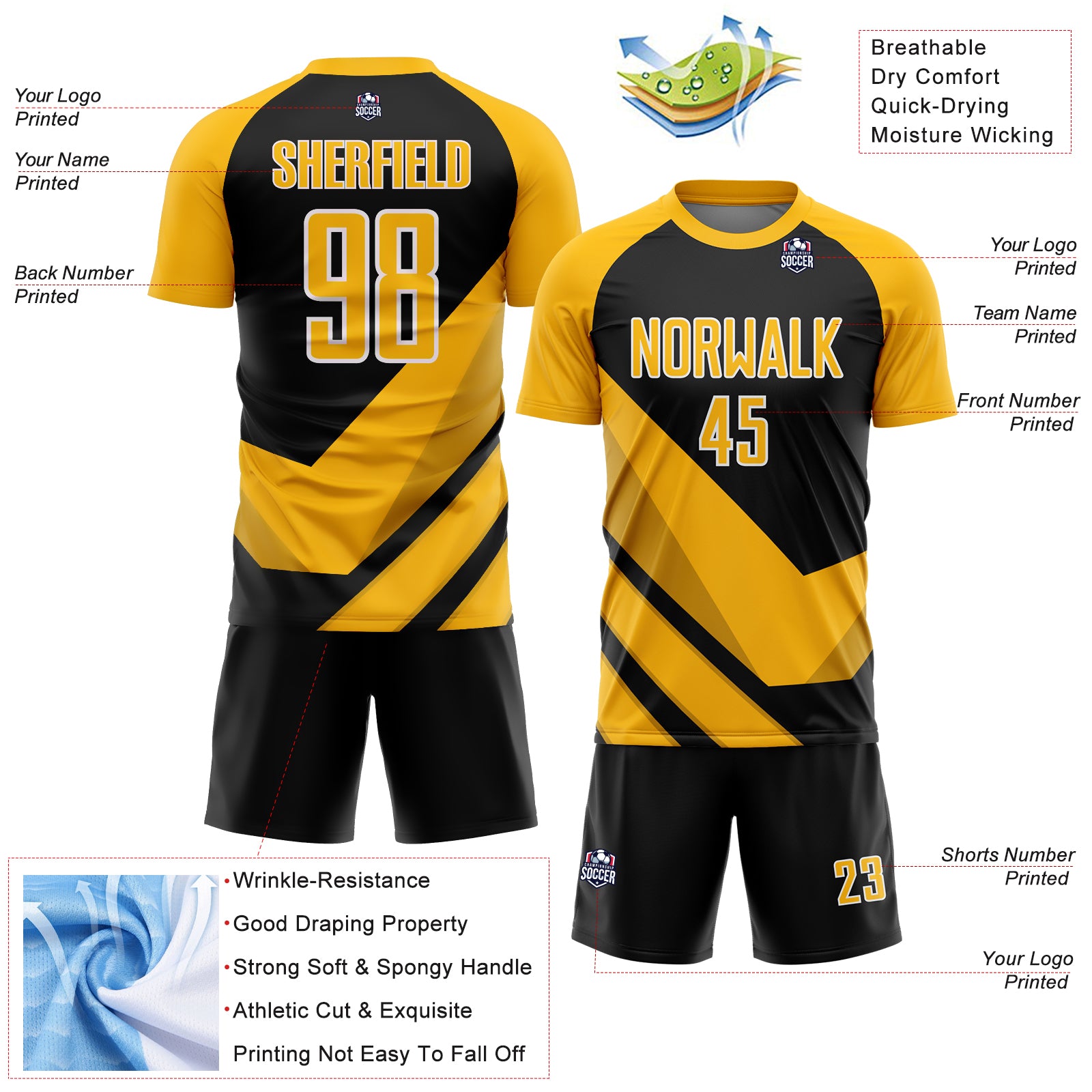 Personalized Gold Black-White Arrow Shapes Sublimation Soccer Uniform Jersey Team Custom Name and Number Custom Soccer Jersey with Personalized Name and Number, Gold Black-White Arrow Shapes Design Personalized Gold Black-White - Image 4